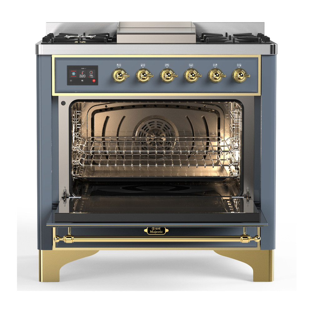ILVE UM36FNR3BGGLP Majestic III 36 inch Dual Fuel Range with 6 Black Brass Burners and Griddle, Dual Function Burner up to 25,000 BTU (Triple Glass Door, Blue Grey, Brass, Liquid Propane) 2 ILVE-UM36FNR3BGGLP-Open Door View