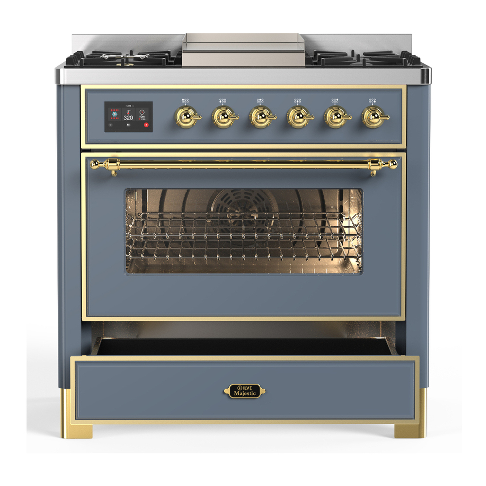 ILVE UM36FNR3BGGLP Majestic III 36 inch Dual Fuel Range with 6 Black Brass Burners and Griddle, Dual Function Burner up to 25,000 BTU (Triple Glass Door, Blue Grey, Brass, Liquid Propane) 3 ILVE-UM36FNR3BGGLP-Drawer Open View