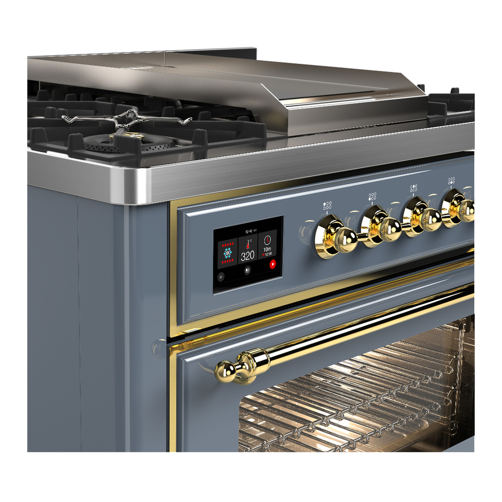 ILVE UM36FNR3BGG Majestic III 36 inch Dual Fuel Range with 6 Black Brass Burners and Griddle, Dual Function Burner up to 25,000 BTU (Triple Glass Door, Blue Grey, Brass, Natural Gas) 5 ILVE-UM36FNR3BGG-Control Knobs View