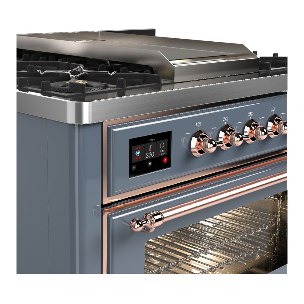 ILVE UM36FNR3BGPLP Majestic III 36 inch Dual Fuel Range with 6 Black Brass Burners and Griddle, Dual Function Burner up to 25,000 BTU (Triple Glass Door, Blue Grey, Copper, Liquid Propane) 5 ILVE-UM36FNR3BGPLP-Control Knobs View
