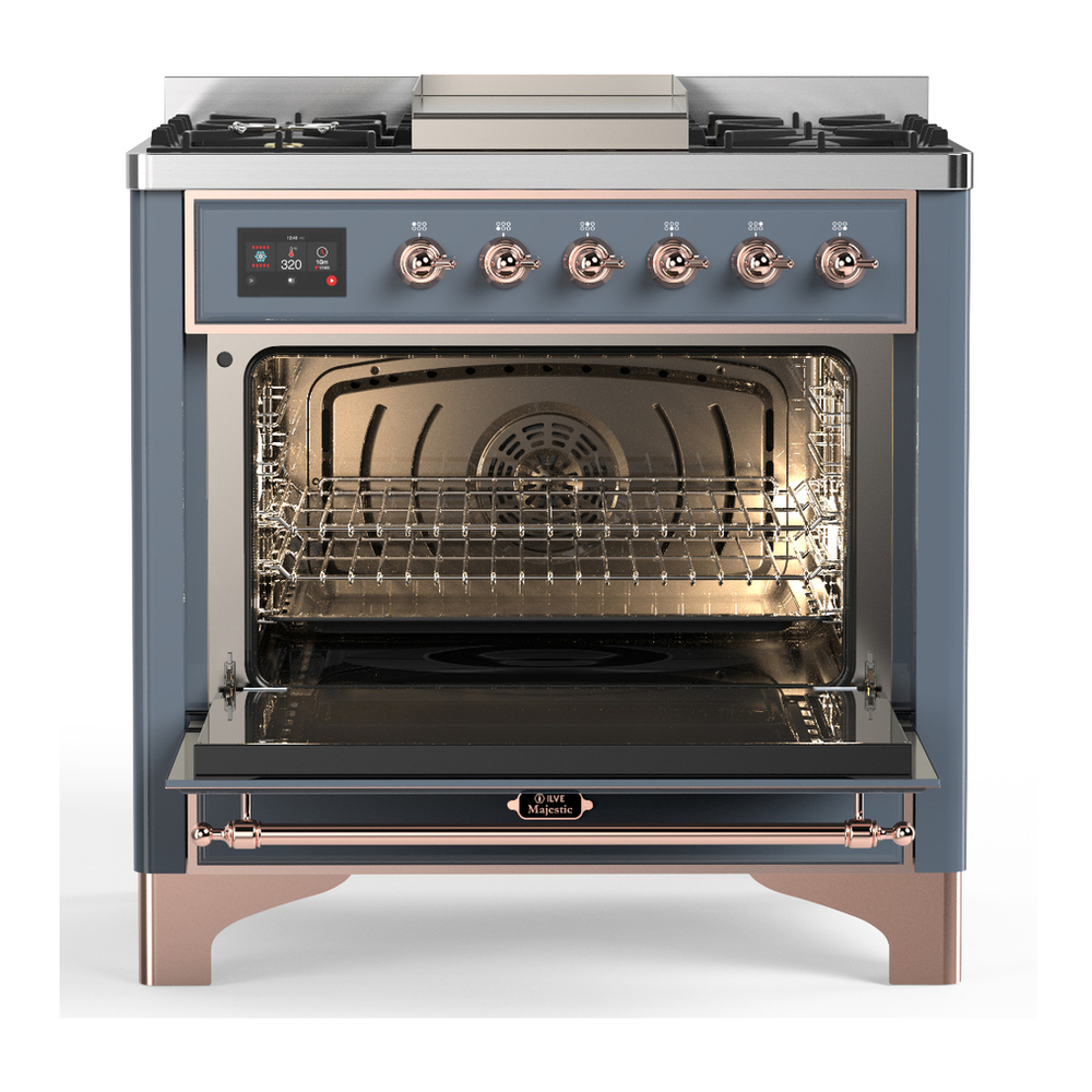 ILVE UM36FNR3BGPLP Majestic III 36 inch Dual Fuel Range with 6 Black Brass Burners and Griddle, Dual Function Burner up to 25,000 BTU (Triple Glass Door, Blue Grey, Copper, Liquid Propane) 2 ILVE-UM36FNR3BGPLP-Open Door View