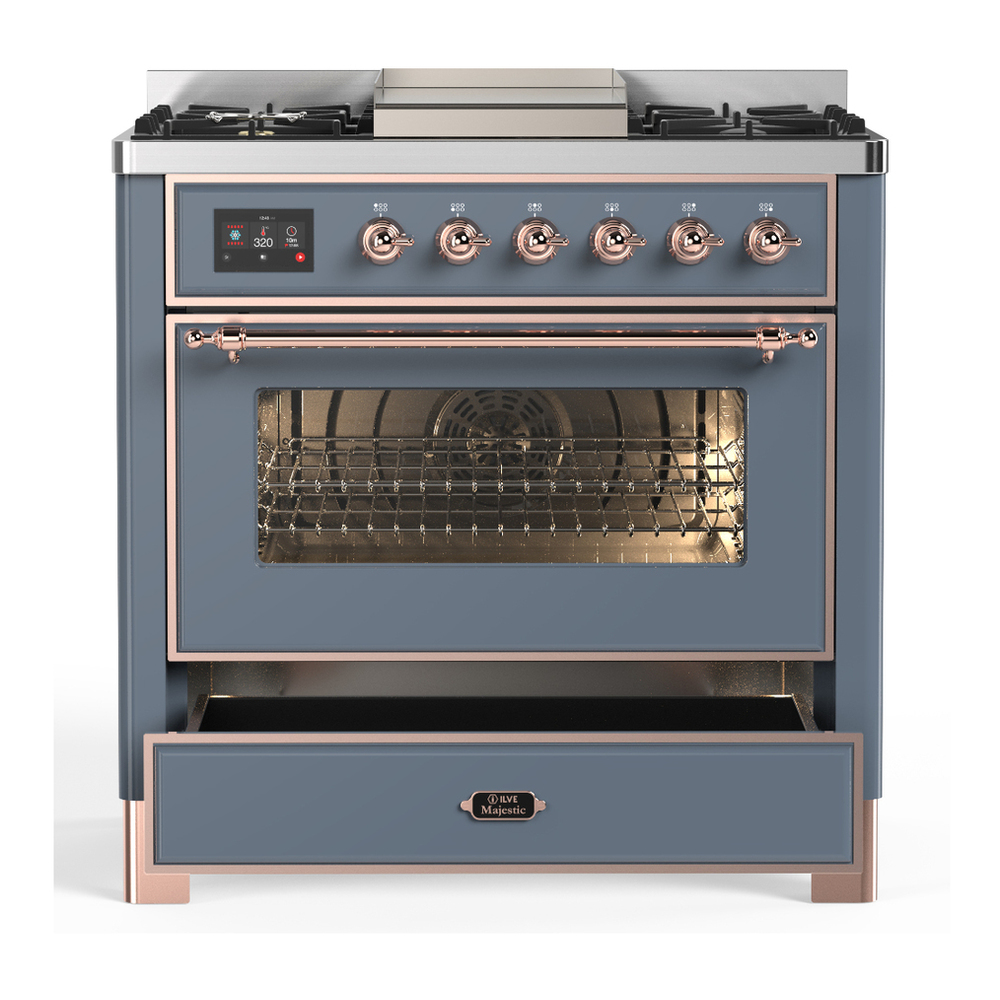 ILVE UM36FNR3BGPLP Majestic III 36 inch Dual Fuel Range with 6 Black Brass Burners and Griddle, Dual Function Burner up to 25,000 BTU (Triple Glass Door, Blue Grey, Copper, Liquid Propane) 3 ILVE-UM36FNR3BGPLP-Drawer Open View
