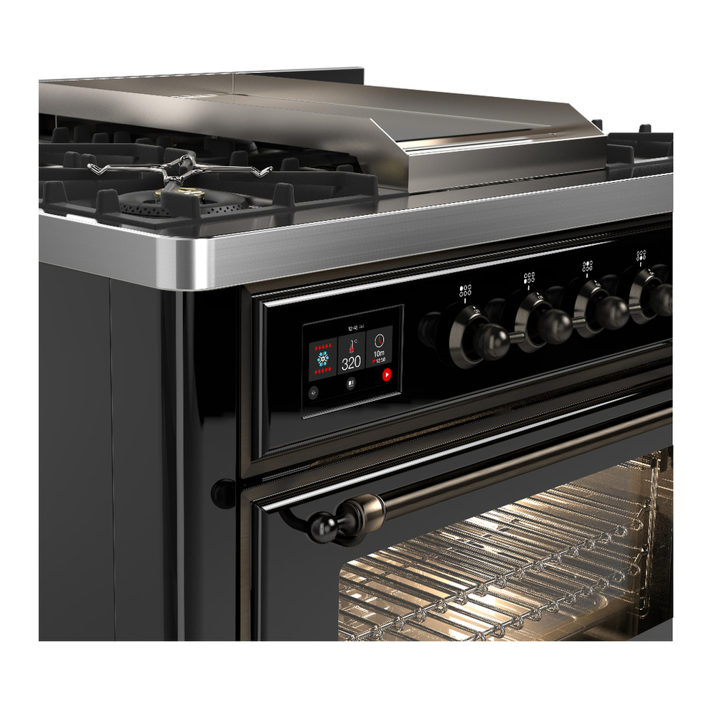 ILVE UM36FNR3BKBLP Majestic III 36 inch Dual Fuel Range with 6 Black Brass Burners and Griddle, Dual Function Burner up to 25,000 BTU (Triple Glass Door, Glossy Black, Burnished, Liquid Propane) 5 ILVE-UM36FNR3BKBLP-Control Knobs View