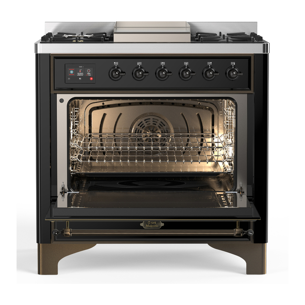 ILVE UM36FNR3BKBLP Majestic III 36 inch Dual Fuel Range with 6 Black Brass Burners and Griddle, Dual Function Burner up to 25,000 BTU (Triple Glass Door, Glossy Black, Burnished, Liquid Propane) 2 ILVE-UM36FNR3BKBLP-Open Door View