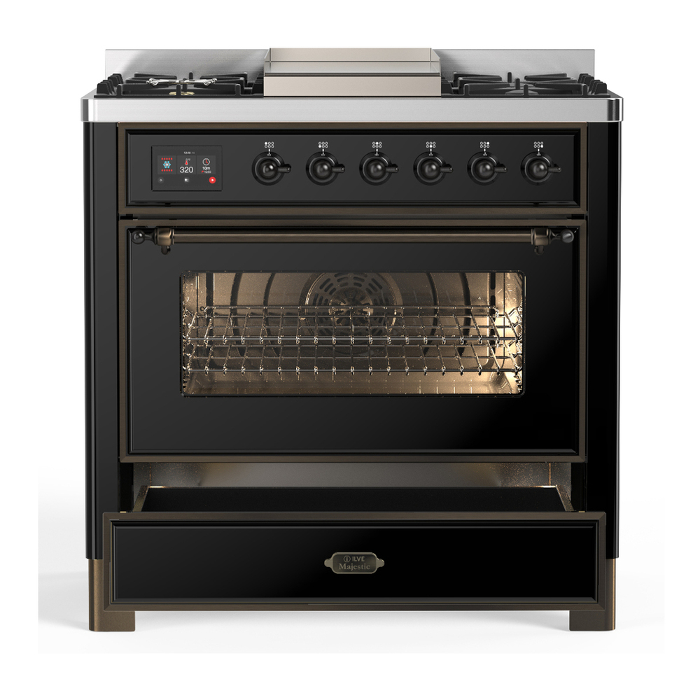 ILVE UM36FNR3BKB Majestic III 36 inch Dual Fuel Range with 6 Black Brass Burners and Griddle, Dual Function Burner up to 25,000 BTU (Triple Glass Door, Glossy Black, Burnished, Natural Gas) 3 ILVE-UM36FNR3BKB-Drawer Open View