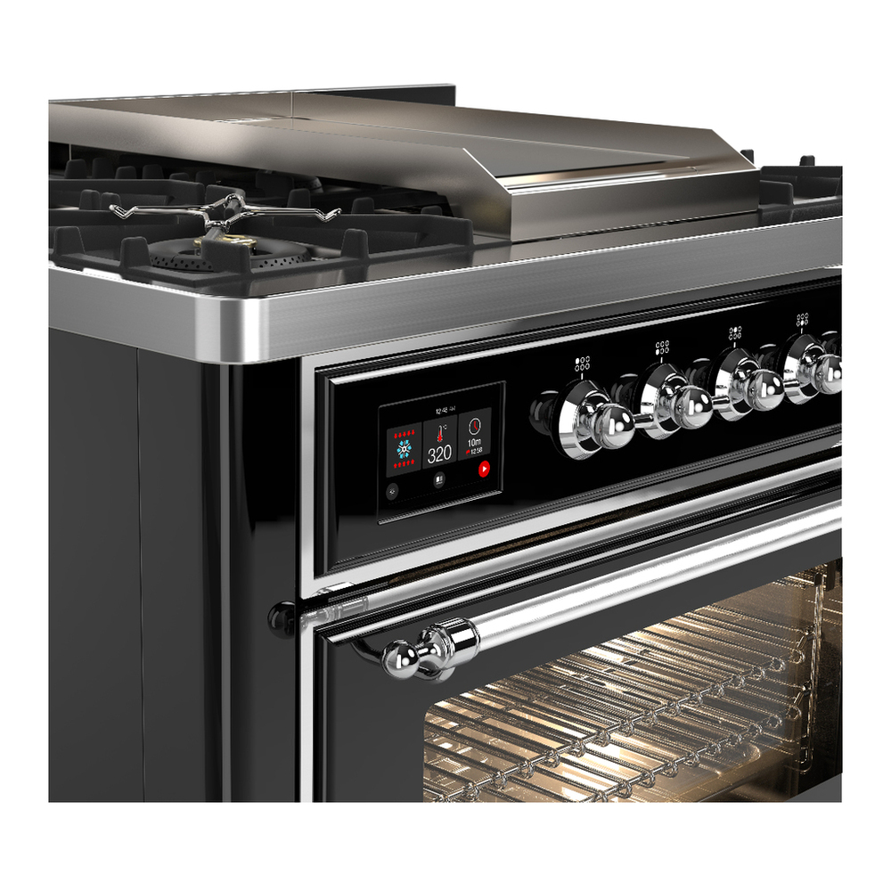 ILVE UM36FNR3BKCLP Majestic III 36 inch Dual Fuel Range with 6 Black Brass Burners and Griddle, Dual Function Burner up to 25,000 BTU (Triple Glass Door, Glossy Black, Chrome, Liquid Propane) 5 ILVE-UM36FNR3BKCLP-Control Knobs View