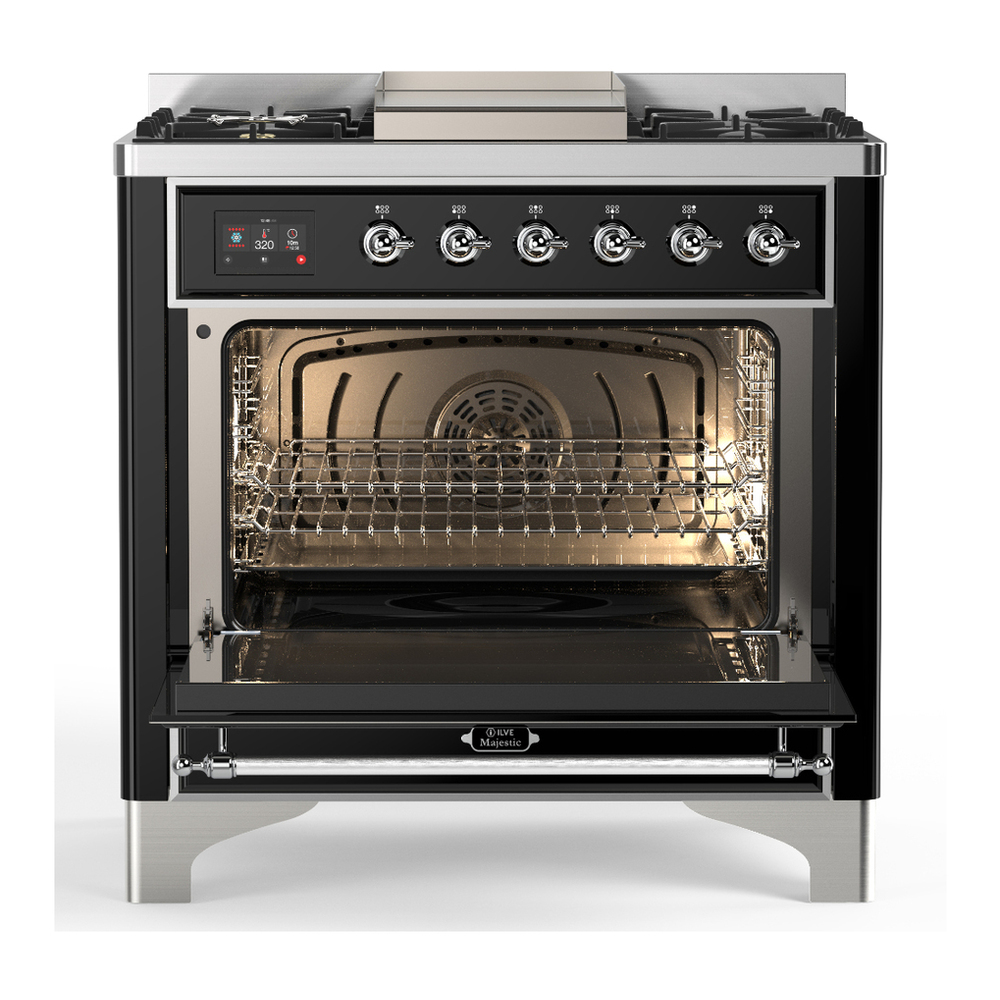 ILVE UM36FNR3BKCLP Majestic III 36 inch Dual Fuel Range with 6 Black Brass Burners and Griddle, Dual Function Burner up to 25,000 BTU (Triple Glass Door, Glossy Black, Chrome, Liquid Propane) 2 ILVE-UM36FNR3BKCLP-Open Door View