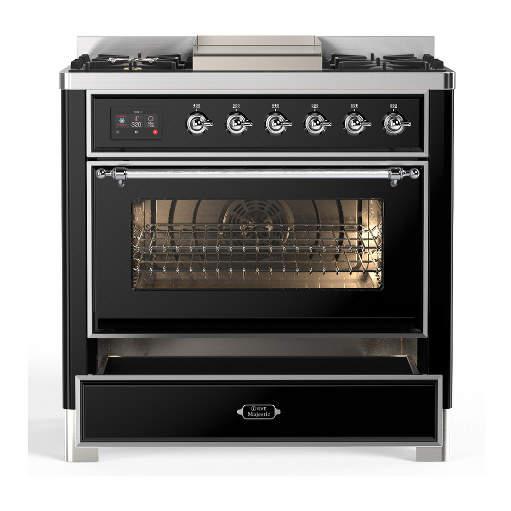 ILVE UM36FNR3BKCLP Majestic III 36 inch Dual Fuel Range with 6 Black Brass Burners and Griddle, Dual Function Burner up to 25,000 BTU (Triple Glass Door, Glossy Black, Chrome, Liquid Propane) 3 ILVE-UM36FNR3BKCLP-Drawer Open View