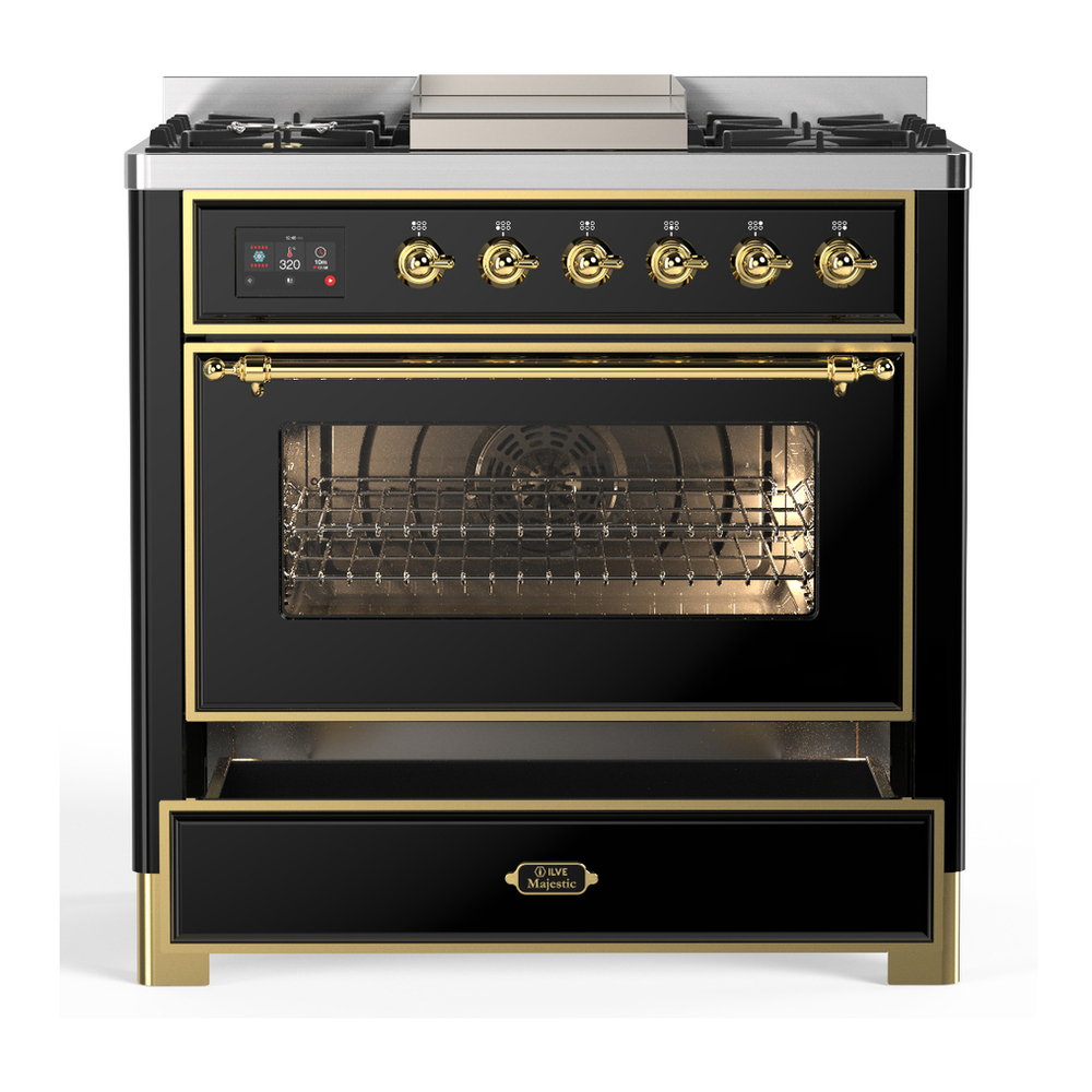 ILVE UM36FNR3BKGLP Majestic III 36 inch Dual Fuel Range with 6 Black Brass Burners and Griddle, Dual Function Burner up to 25,000 BTU (Triple Glass Door, Glossy Black, Brass, Liquid Propane) 3 ILVE-UM36FNR3BKGLP-Drawer Open View