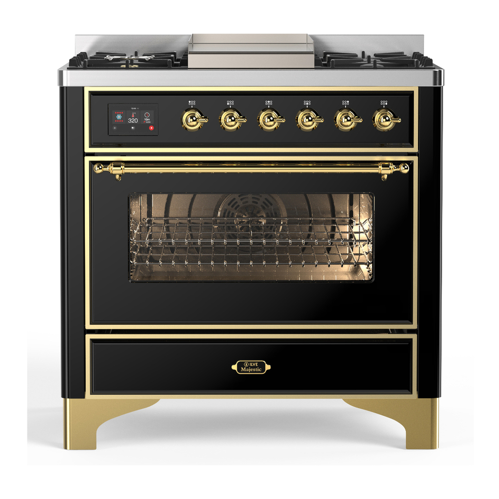 ILVE UM36FNR3BKG Majestic III 36 inch Dual Fuel Range with 6 Black Brass Burners and Griddle, Dual Function Burner up to 25,000 BTU (Triple Glass Door, Glossy Black, Brass, Natural Gas) 1 UM36FNR3BKG