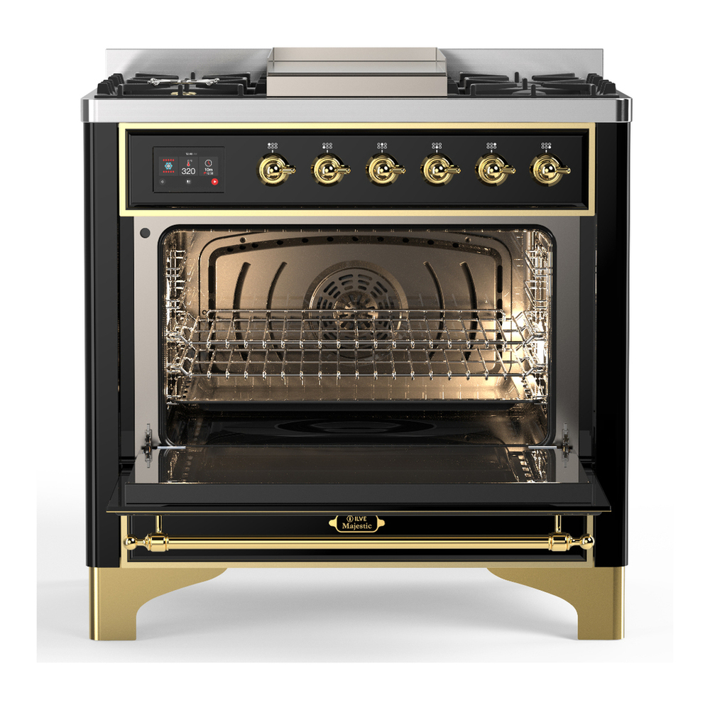 ILVE UM36FNR3BKG Majestic III 36 inch Dual Fuel Range with 6 Black Brass Burners and Griddle, Dual Function Burner up to 25,000 BTU (Triple Glass Door, Glossy Black, Brass, Natural Gas) 2 ILVE-UM36FNR3BKG-Open Door View
