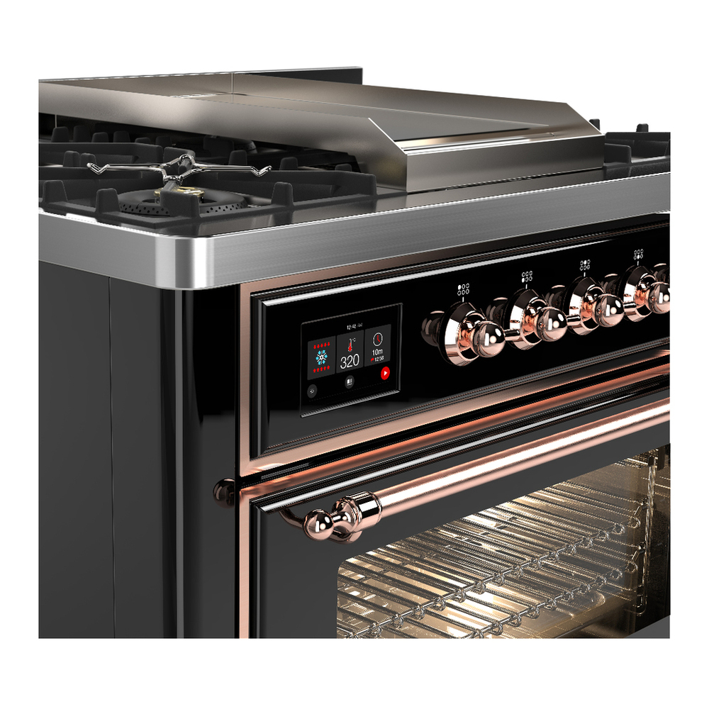 ILVE UM36FNR3BKPLP Majestic III 36 inch Dual Fuel Range with 6 Black Brass Burners and Griddle, Dual Function Burner up to 25,000 BTU (Triple Glass Door, Glossy Black, Copper, Liquid Propane) 5 ILVE-UM36FNR3BKPLP-Control Knobs View