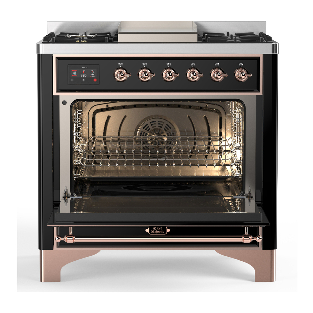 ILVE UM36FNR3BKPLP Majestic III 36 inch Dual Fuel Range with 6 Black Brass Burners and Griddle, Dual Function Burner up to 25,000 BTU (Triple Glass Door, Glossy Black, Copper, Liquid Propane) 2 ILVE-UM36FNR3BKPLP-Open Door View