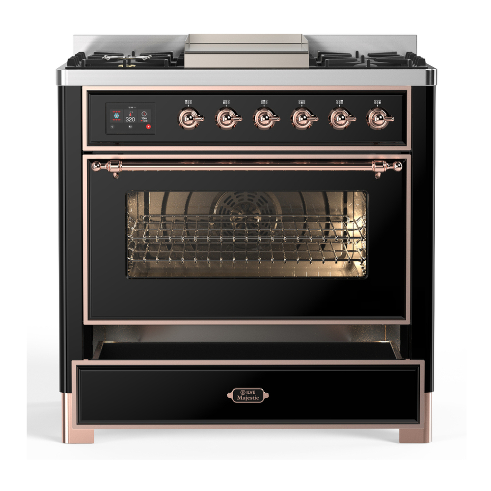 ILVE UM36FNR3BKPLP Majestic III 36 inch Dual Fuel Range with 6 Black Brass Burners and Griddle, Dual Function Burner up to 25,000 BTU (Triple Glass Door, Glossy Black, Copper, Liquid Propane) 3 ILVE-UM36FNR3BKPLP-Drawer Open View