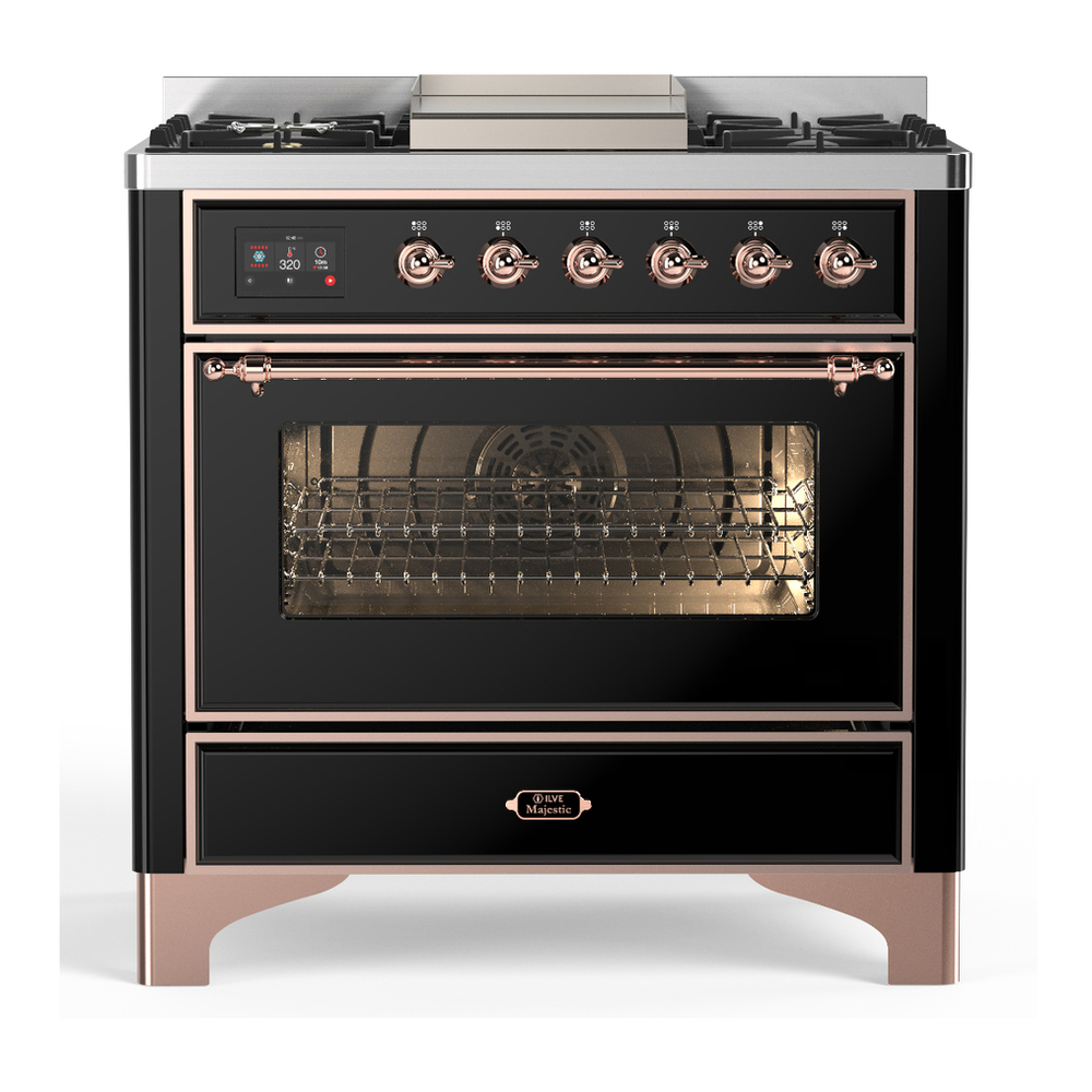 ILVE UM36FNR3BKP Majestic III 36 inch Dual Fuel Range with 6 Black Brass Burners and Griddle, Dual Function Burner up to 25,000 BTU (Triple Glass Door, Glossy Black, Copper, Natural Gas) 1 UM36FNR3BKP