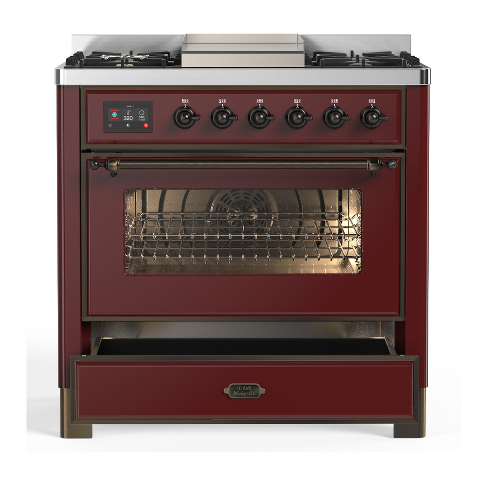 ILVE UM36FNR3BUBLP Majestic III 36 inch Dual Fuel Range with 6 Black Brass Burners and Griddle, Dual Function Burner up to 25,000 BTU (Triple Glass Door, Burgundy, Burnished, Liquid Propane) 3 ILVE-UM36FNR3BUBLP-Drawer Open View