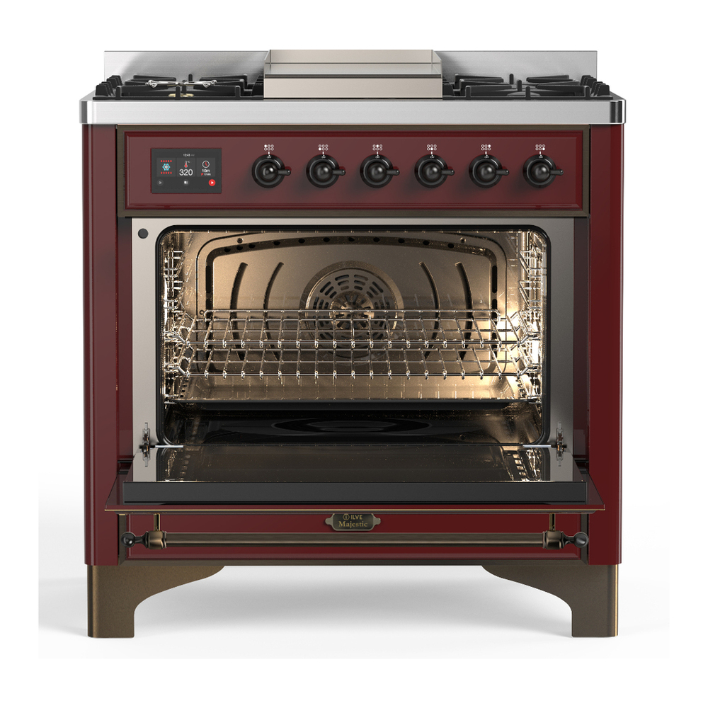 ILVE UM36FNR3BUB Majestic III 36 inch Dual Fuel Range with 6 Black Brass Burners and Griddle, Dual Function Burner up to 25,000 BTU (Triple Glass Door, Burgundy, Burnished, Natural Gas) 2 ILVE-UM36FNR3BUB-Open Door View