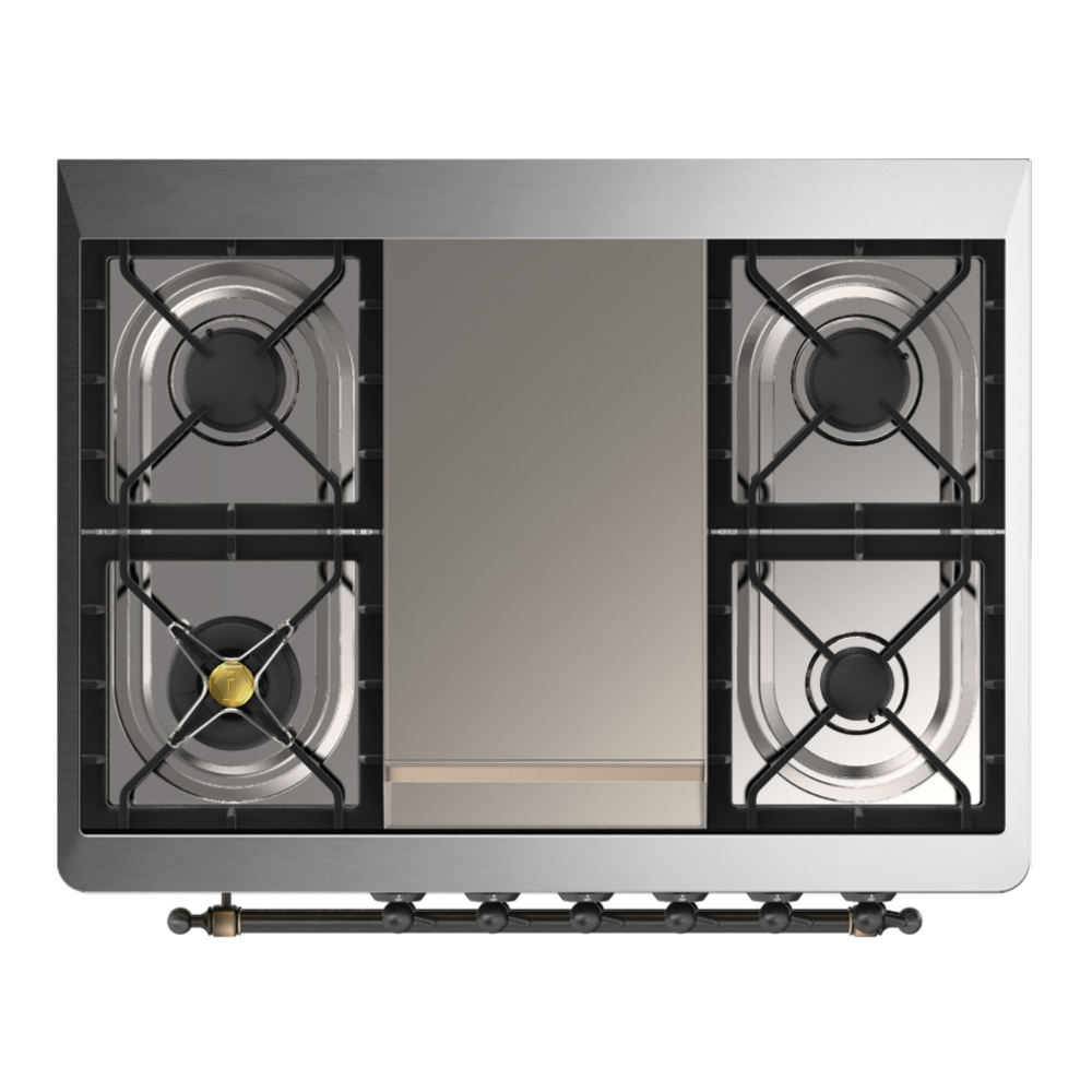 ILVE UM36FNR3BUB Majestic III 36 inch Dual Fuel Range with 6 Black Brass Burners and Griddle, Dual Function Burner up to 25,000 BTU (Triple Glass Door, Burgundy, Burnished, Natural Gas) 4 ILVE-UM36FNR3BUB-Top View