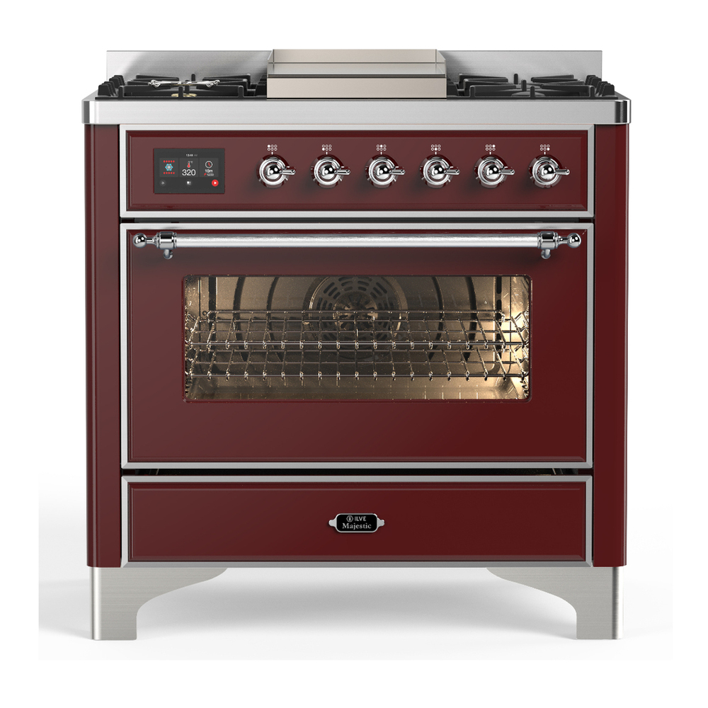 ILVE UM36FNR3BUCLP Majestic III 36 inch Dual Fuel Range with 6 Black Brass Burners and Griddle, Dual Function Burner up to 25,000 BTU (Triple Glass Door, Burgundy, Chrome, Liquid Propane) 1 UM36FNR3BUCLP