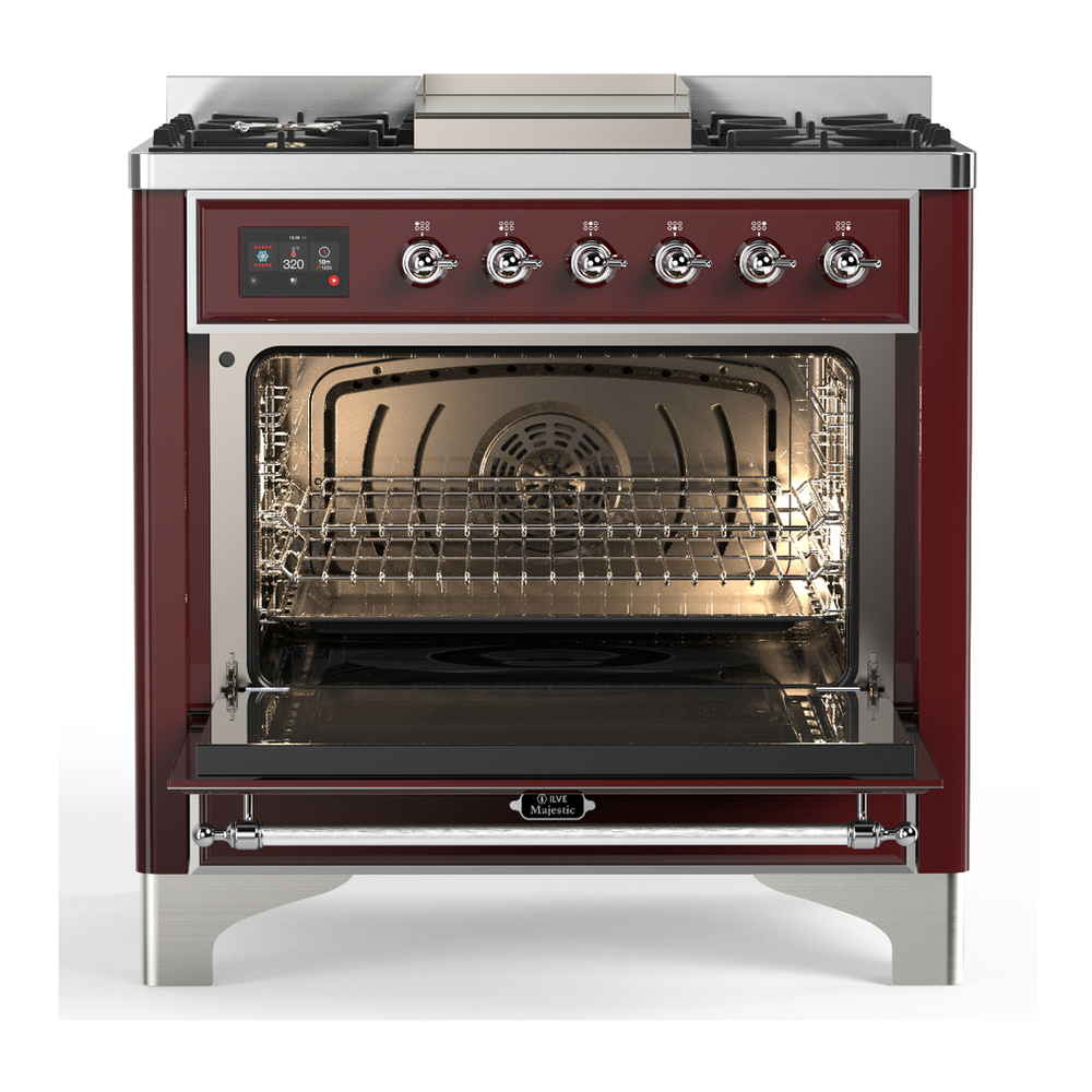 ILVE UM36FNR3BUC Majestic III 36 inch Dual Fuel Range with 6 Black Brass Burners and Griddle, Dual Function Burner up to 25,000 BTU (Triple Glass Door, Burgundy, Chrome, Natural Gas) 2 ILVE-UM36FNR3BUC-Open Door View
