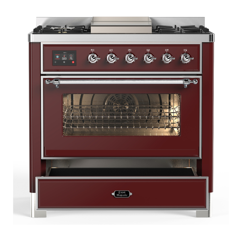 ILVE UM36FNR3BUC Majestic III 36 inch Dual Fuel Range with 6 Black Brass Burners and Griddle, Dual Function Burner up to 25,000 BTU (Triple Glass Door, Burgundy, Chrome, Natural Gas) 3 ILVE-UM36FNR3BUC-Drawer Open View