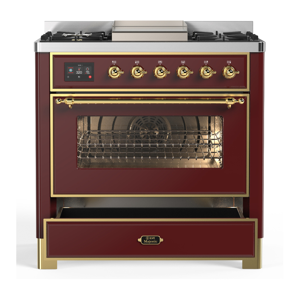 ILVE UM36FNR3BUGLP Majestic III 36 inch Dual Fuel Range with 6 Black Brass Burners and Griddle, Dual Function Burner up to 25,000 BTU (Triple Glass Door, Burgundy, Brass, Liquid Propane) 3 ILVE-UM36FNR3BUGLP-Drawer Open View