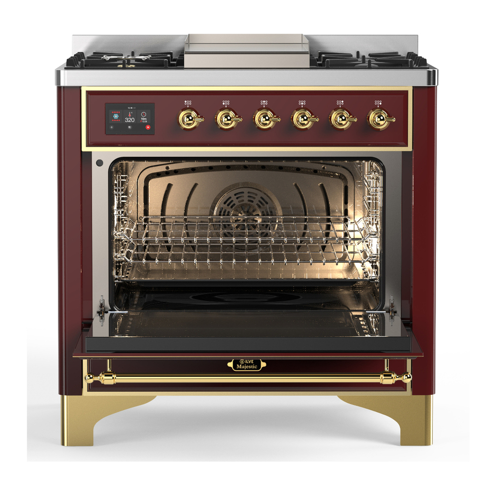 ILVE UM36FNR3BUGLP Majestic III 36 inch Dual Fuel Range with 6 Black Brass Burners and Griddle, Dual Function Burner up to 25,000 BTU (Triple Glass Door, Burgundy, Brass, Liquid Propane) 2 ILVE-UM36FNR3BUGLP-Open Door View