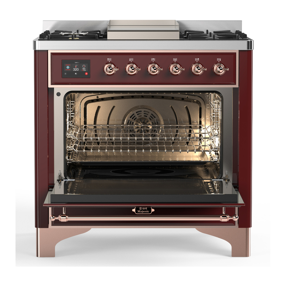 ILVE UM36FNR3BUPLP Majestic III 36 inch Dual Fuel Range with 6 Black Brass Burners and Griddle, Dual Function Burner up to 25,000 BTU (Triple Glass Door, Burgundy, Copper, Liquid Propane) 2 ILVE-UM36FNR3BUPLP-Open Door View