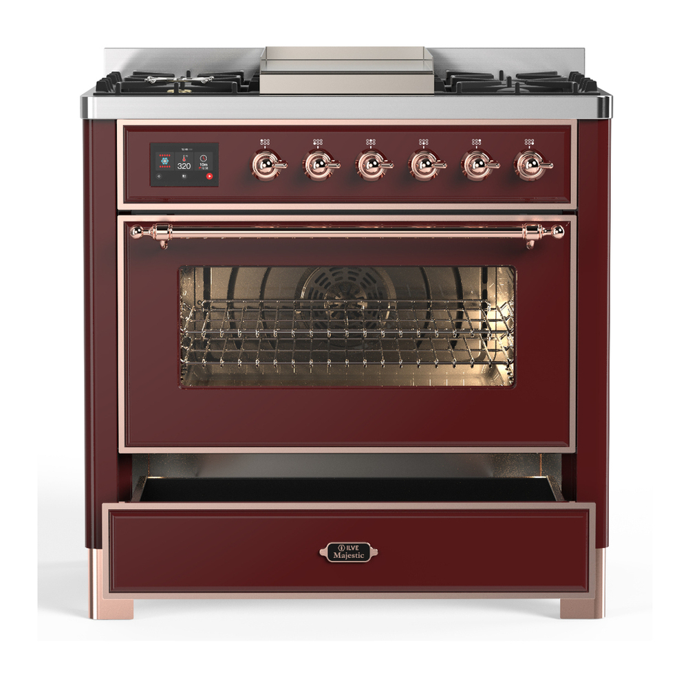 ILVE UM36FNR3BUPLP Majestic III 36 inch Dual Fuel Range with 6 Black Brass Burners and Griddle, Dual Function Burner up to 25,000 BTU (Triple Glass Door, Burgundy, Copper, Liquid Propane) 3 ILVE-UM36FNR3BUPLP-Drawer Open View