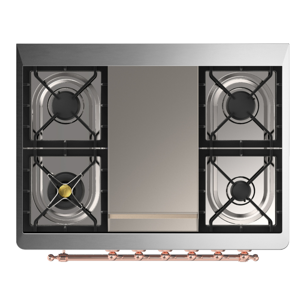 ILVE UM36FNR3BUPLP Majestic III 36 inch Dual Fuel Range with 6 Black Brass Burners and Griddle, Dual Function Burner up to 25,000 BTU (Triple Glass Door, Burgundy, Copper, Liquid Propane) 4 ILVE-UM36FNR3BUPLP-Top View