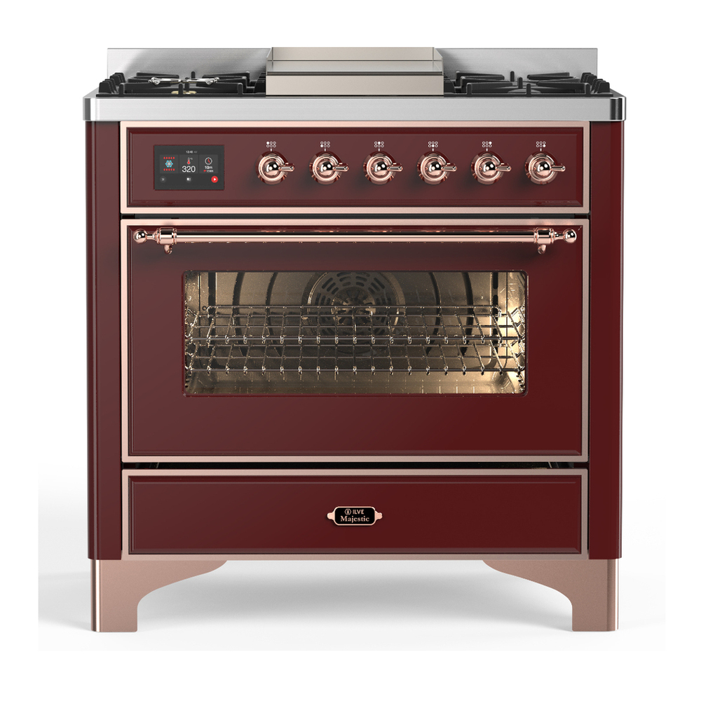 ILVE UM36FNR3BUP Majestic III 36 inch Dual Fuel Range with 6 Black Brass Burners and Griddle, Dual Function Burner up to 25,000 BTU (Triple Glass Door, Burgundy, Copper, Natural Gas) 1 UM36FNR3BUP