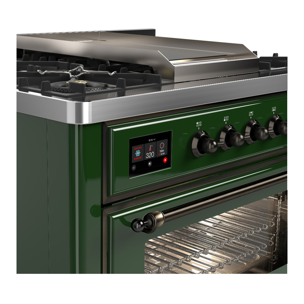 ILVE UM36FNR3EGBLP Majestic III 36 inch Dual Fuel Range with 6 Black Brass Burners and Griddle, Dual Function Burner up to 25,000 BTU (Triple Glass Door, Emerald Green, Burnished, Liquid Propane) 4 ILVE-UM36FNR3EGBLP-Control Knobs View