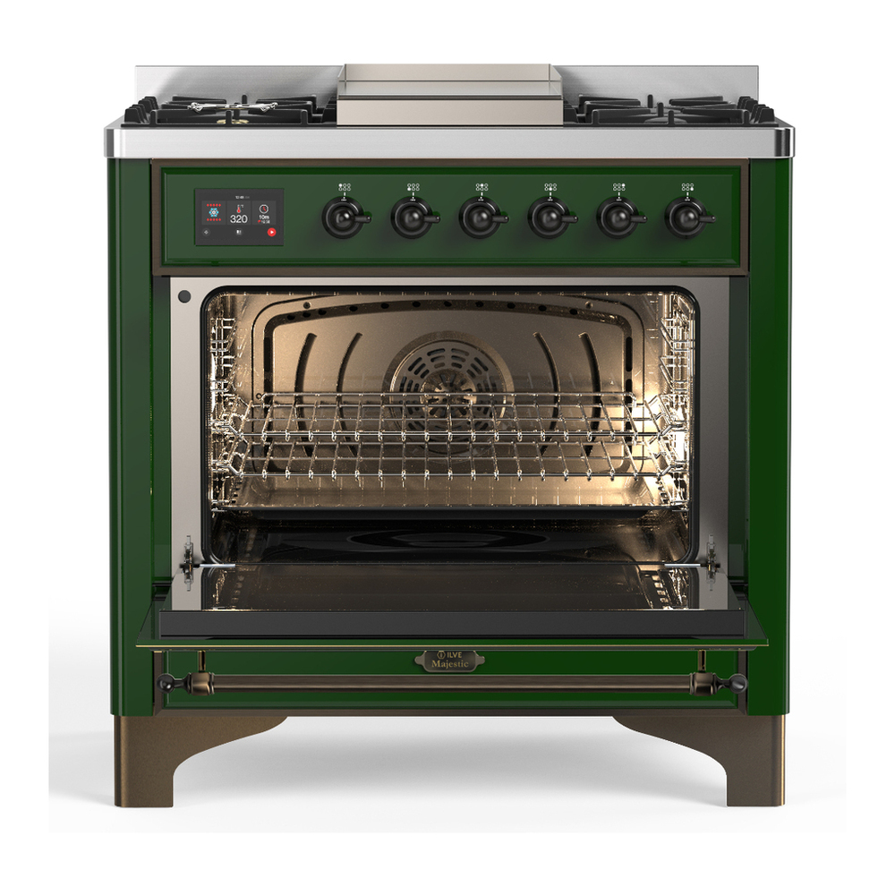 ILVE UM36FNR3EGBLP Majestic III 36 inch Dual Fuel Range with 6 Black Brass Burners and Griddle, Dual Function Burner up to 25,000 BTU (Triple Glass Door, Emerald Green, Burnished, Liquid Propane) 2 ILVE-UM36FNR3EGBLP-Open Door View