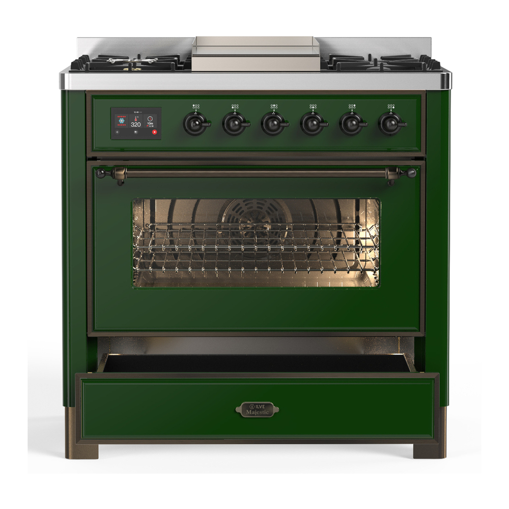 ILVE UM36FNR3EGBLP Majestic III 36 inch Dual Fuel Range with 6 Black Brass Burners and Griddle, Dual Function Burner up to 25,000 BTU (Triple Glass Door, Emerald Green, Burnished, Liquid Propane) 3 ILVE-UM36FNR3EGBLP-Drawer Open View