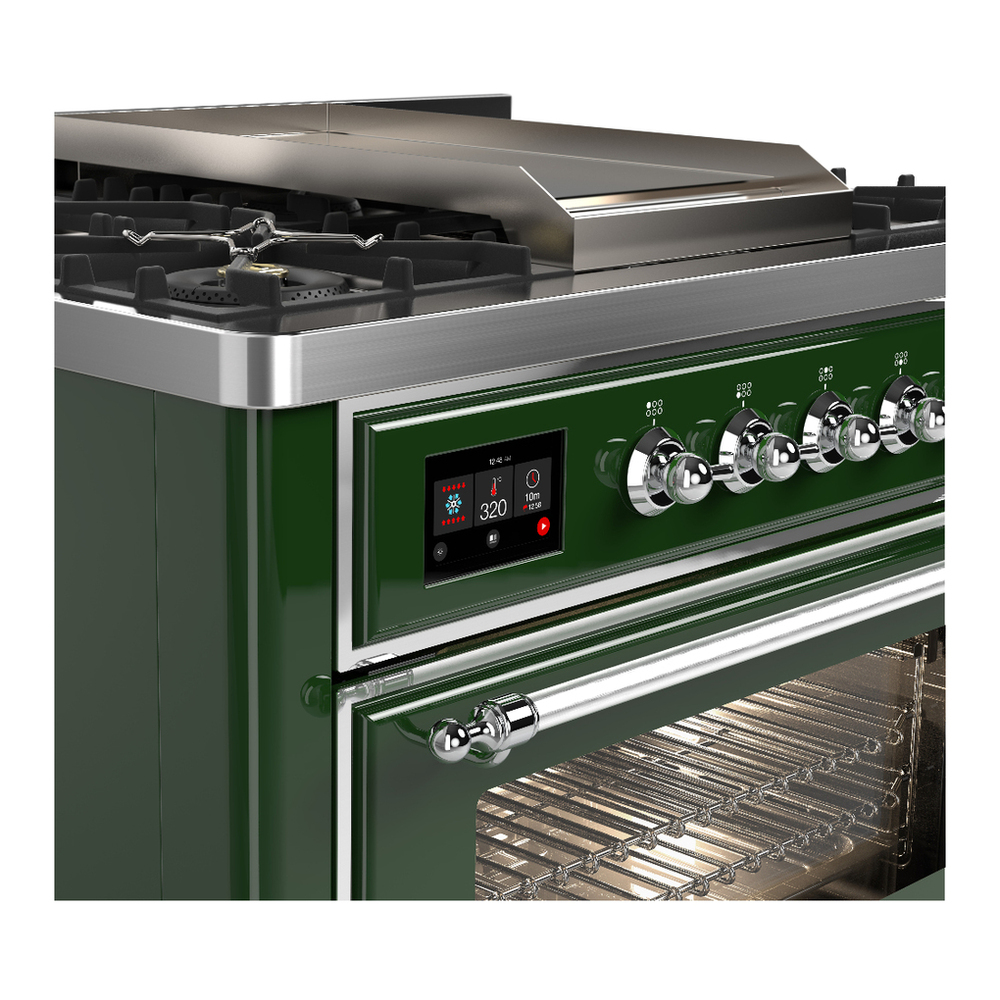 ILVE UM36FNR3EGCLP Majestic III 36 inch Dual Fuel Range with 6 Black Brass Burners and Griddle, Dual Function Burner up to 25,000 BTU (Triple Glass Door, Emerald Green, Chrome, Liquid Propane) 9 ILVE-UM36FNR3EGCLP-Control Knobs View