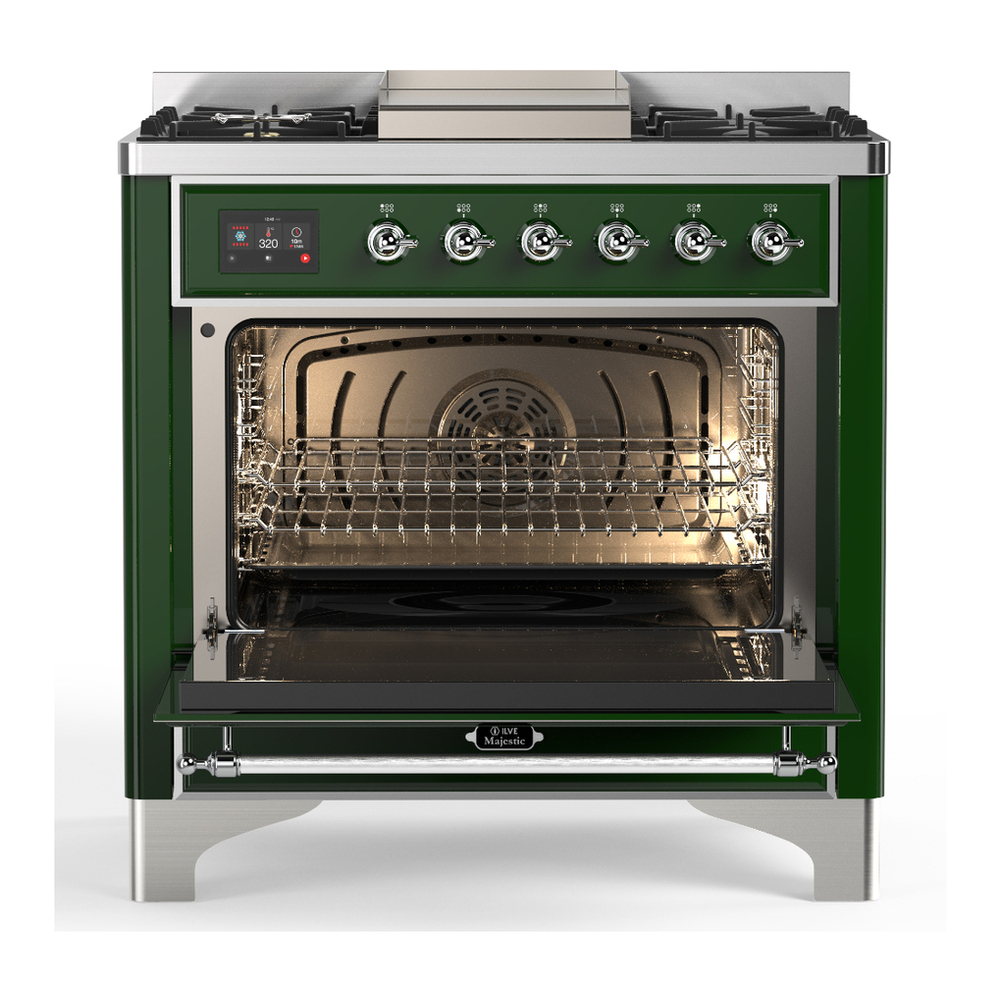 ILVE UM36FNR3EGCLP Majestic III 36 inch Dual Fuel Range with 6 Black Brass Burners and Griddle, Dual Function Burner up to 25,000 BTU (Triple Glass Door, Emerald Green, Chrome, Liquid Propane) 6 ILVE-UM36FNR3EGCLP-Open Door View