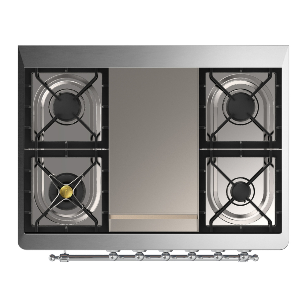 ILVE UM36FNR3EGCLP Majestic III 36 inch Dual Fuel Range with 6 Black Brass Burners and Griddle, Dual Function Burner up to 25,000 BTU (Triple Glass Door, Emerald Green, Chrome, Liquid Propane) 8 ILVE-UM36FNR3EGCLP-Top View
