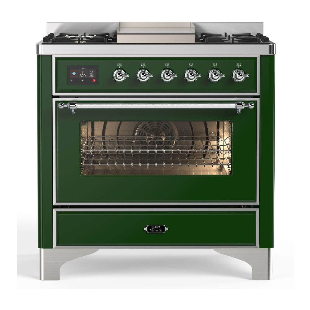 ILVE UM36FNR3EGC Majestic III 36 inch Dual Fuel Range with 6 Black Brass Burners and Griddle, Dual Function Burner up to 25,000 BTU (Triple Glass Door, Emerald Green, Chrome, Natural Gas) 1 UM36FNR3EGC