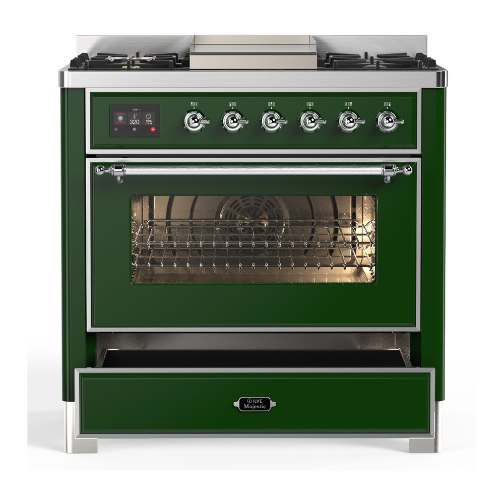 ILVE UM36FNR3EGC Majestic III 36 inch Dual Fuel Range with 6 Black Brass Burners and Griddle, Dual Function Burner up to 25,000 BTU (Triple Glass Door, Emerald Green, Chrome, Natural Gas) 3 ILVE-UM36FNR3EGC-Drawer Open View