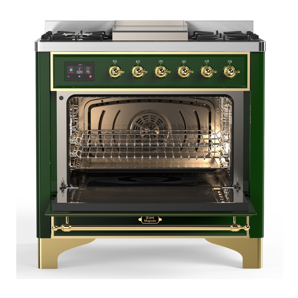 ILVE UM36FNR3EGGLP Majestic III 36 inch Dual Fuel Range with 6 Black Brass Burners and Griddle, Dual Function Burner up to 25,000 BTU (Triple Glass Door, Emerald Green, Brass, Liquid Propane) 6 ILVE-UM36FNR3EGGLP-Open Door View