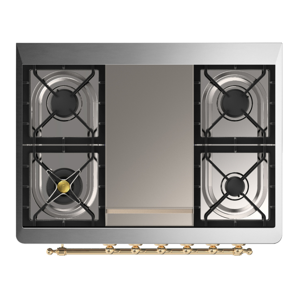 ILVE UM36FNR3EGGLP Majestic III 36 inch Dual Fuel Range with 6 Black Brass Burners and Griddle, Dual Function Burner up to 25,000 BTU (Triple Glass Door, Emerald Green, Brass, Liquid Propane) 8 ILVE-UM36FNR3EGGLP-Top View