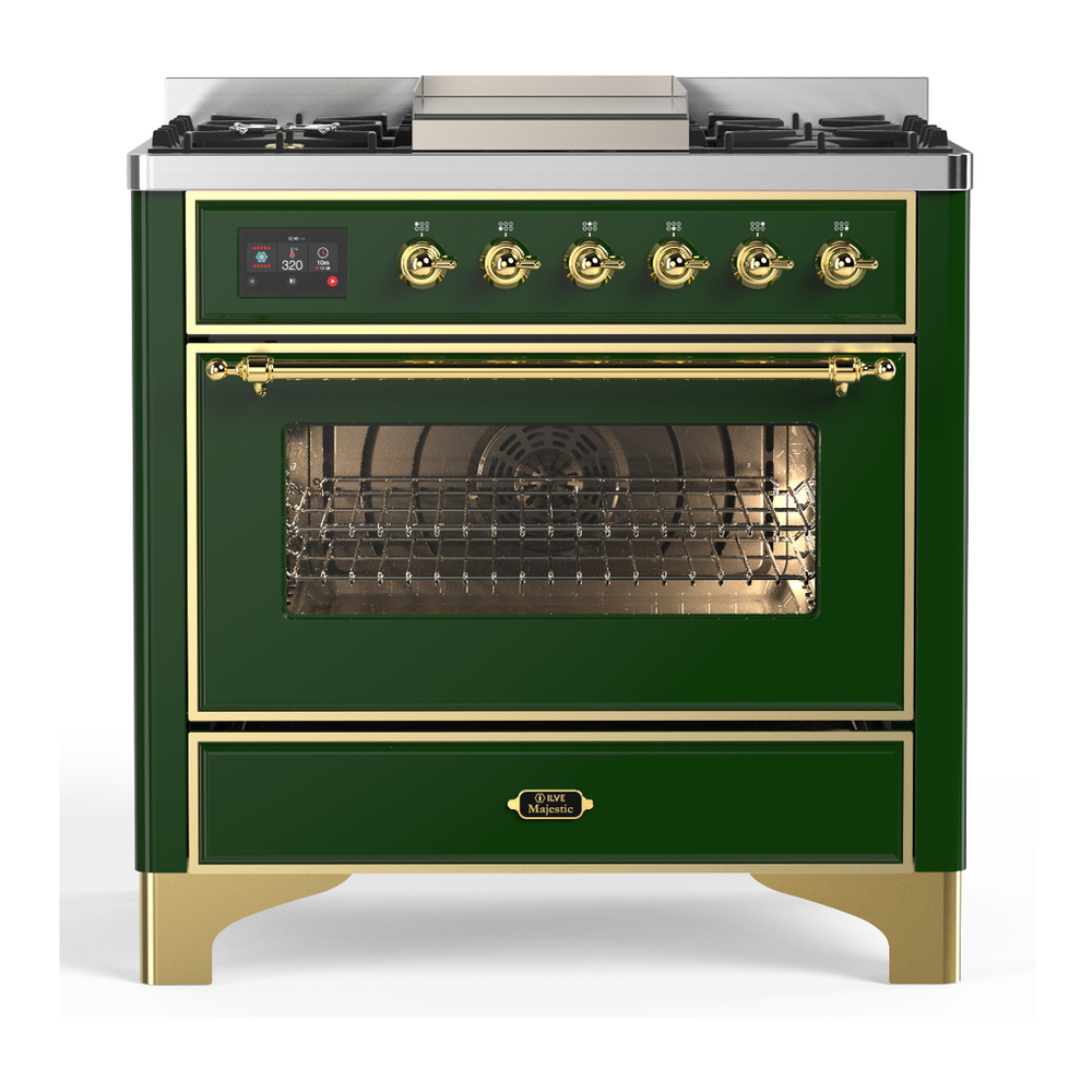 ILVE UM36FNR3EGG Majestic III 36 inch Dual Fuel Range with 6 Black Brass Burners and Griddle, Dual Function Burner up to 25,000 BTU (Triple Glass Door, Emerald Green, Brass, Natural Gas) 1 UM36FNR3EGG