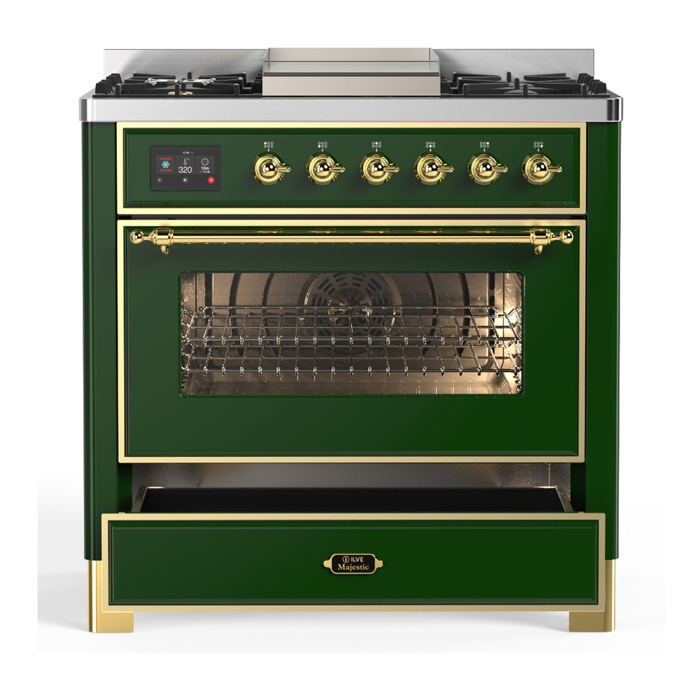 ILVE UM36FNR3EGG Majestic III 36 inch Dual Fuel Range with 6 Black Brass Burners and Griddle, Dual Function Burner up to 25,000 BTU (Triple Glass Door, Emerald Green, Brass, Natural Gas) 7 ILVE-UM36FNR3EGG-Drawer Open View