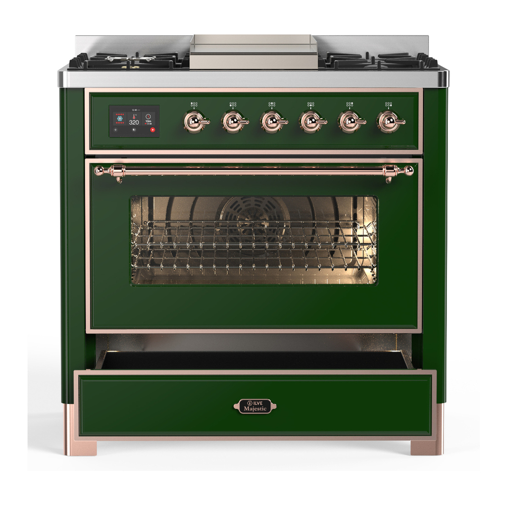 ILVE UM36FNR3EGPLP Majestic III 36 inch Dual Fuel Range with 6 Black Brass Burners and Griddle, Dual Function Burner up to 25,000 BTU (Triple Glass Door, Emerald Green, Copper, Liquid Propane) 7 ILVE-UM36FNR3EGPLP-Drawer Open View
