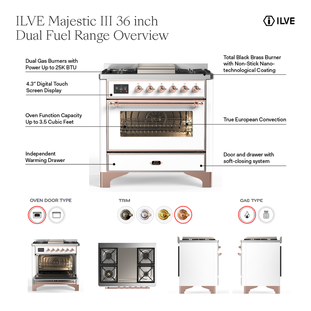 ILVE UM36FNR3EGPLP Majestic III 36 inch Dual Fuel Range with 6 Black Brass Burners and Griddle, Dual Function Burner up to 25,000 BTU (Triple Glass Door, Emerald Green, Copper, Liquid Propane) 2 ILVE UM36F Majestic III 36 inch Dual Fuel Range with 6 Black Brass Burners and Griddle, Dual Function Burner up to 25,000 BTU