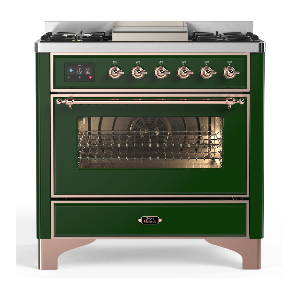 ILVE UM36FNR3EGP Majestic III 36 inch Dual Fuel Range with 6 Black Brass Burners and Griddle, Dual Function Burner up to 25,000 BTU (Triple Glass Door, Emerald Green, Copper, Natural Gas) 1 UM36FNR3EGP