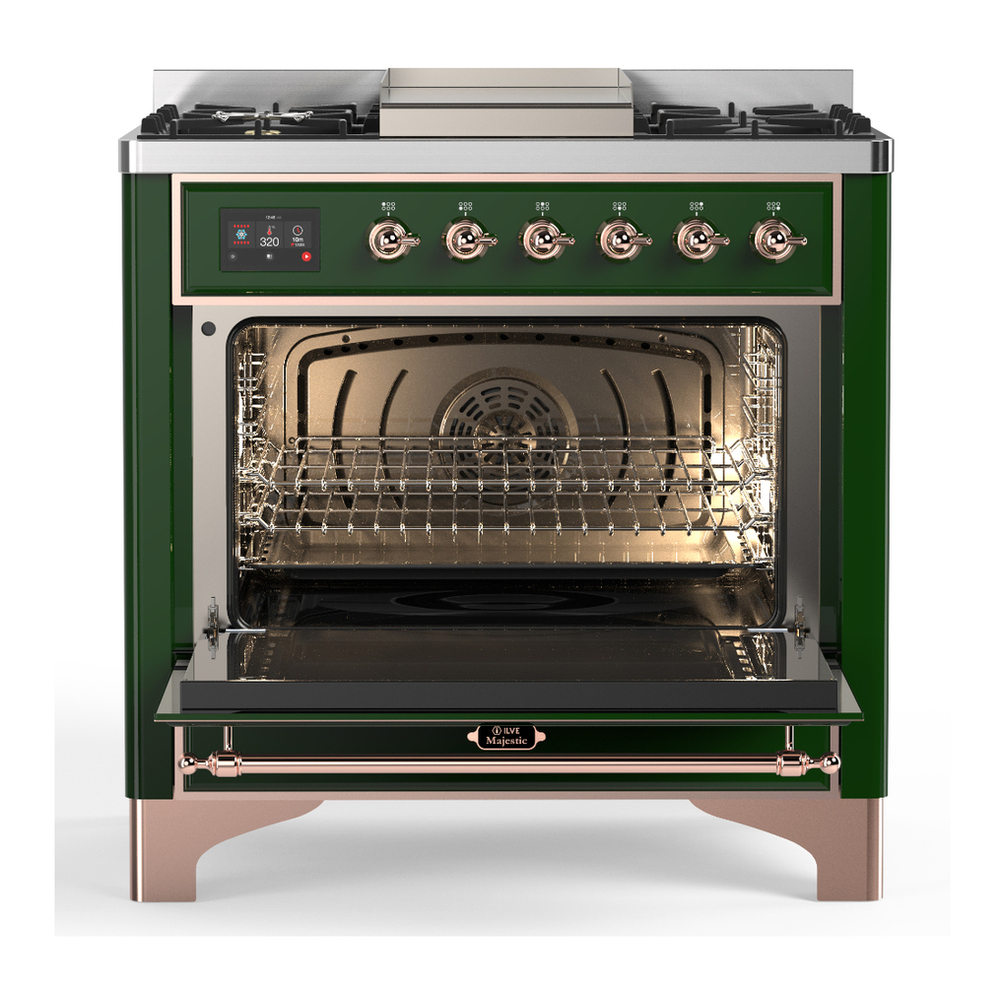 ILVE UM36FNR3EGP Majestic III 36 inch Dual Fuel Range with 6 Black Brass Burners and Griddle, Dual Function Burner up to 25,000 BTU (Triple Glass Door, Emerald Green, Copper, Natural Gas) 6 ILVE-UM36FNR3EGP-Open Door View