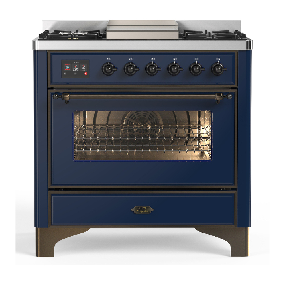ILVE UM36FNR3MBB Majestic III 36 inch Dual Fuel Range with 6 Black Brass Burners and Griddle, Dual Function Burner up to 25,000 BTU (Triple Glass Door, Midnight Blue, Burnished, Natural Gas) 1 UM36FNR3MBB