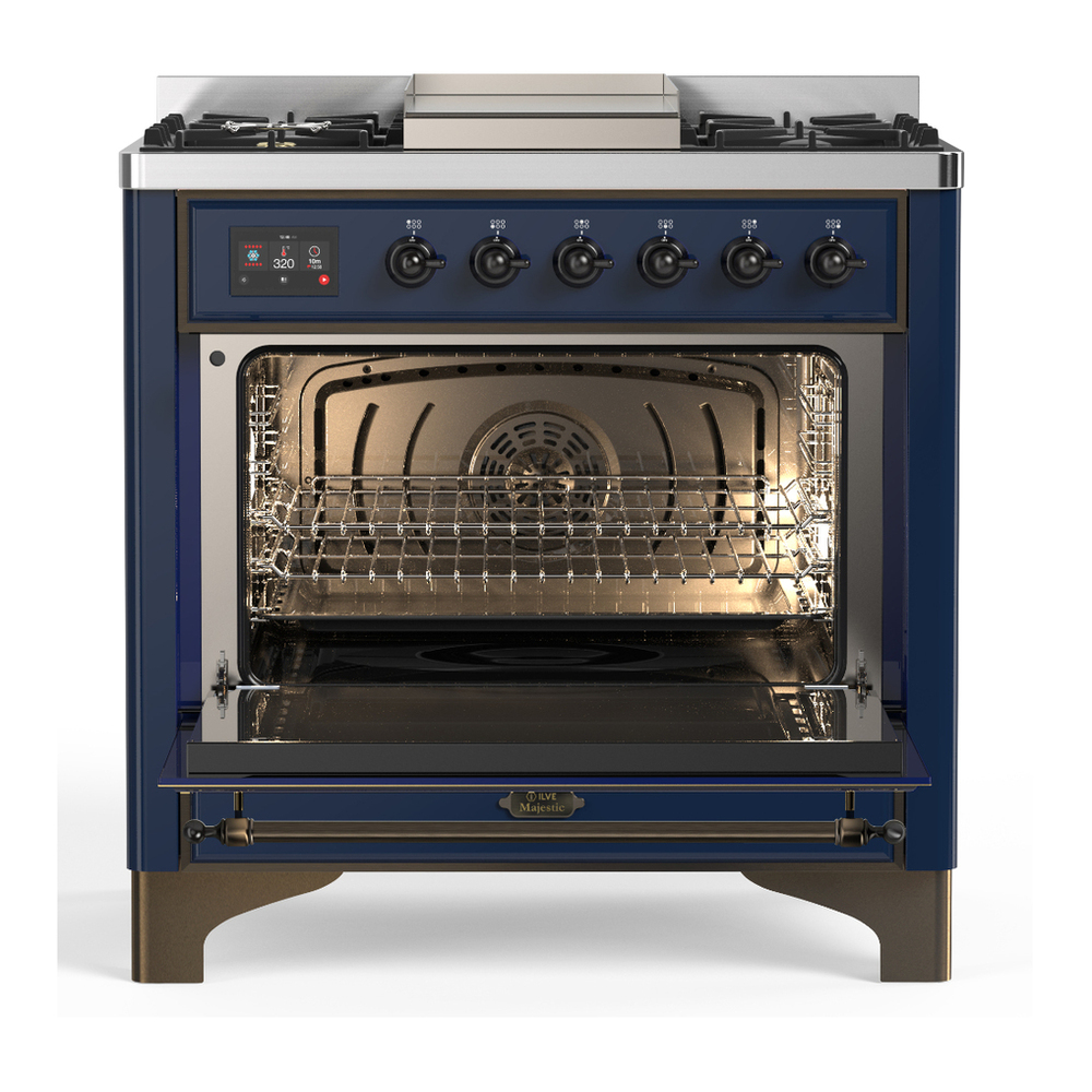 ILVE UM36FNR3MBB Majestic III 36 inch Dual Fuel Range with 6 Black Brass Burners and Griddle, Dual Function Burner up to 25,000 BTU (Triple Glass Door, Midnight Blue, Burnished, Natural Gas) 6 ILVE-UM36FNR3MBB-Open Door View