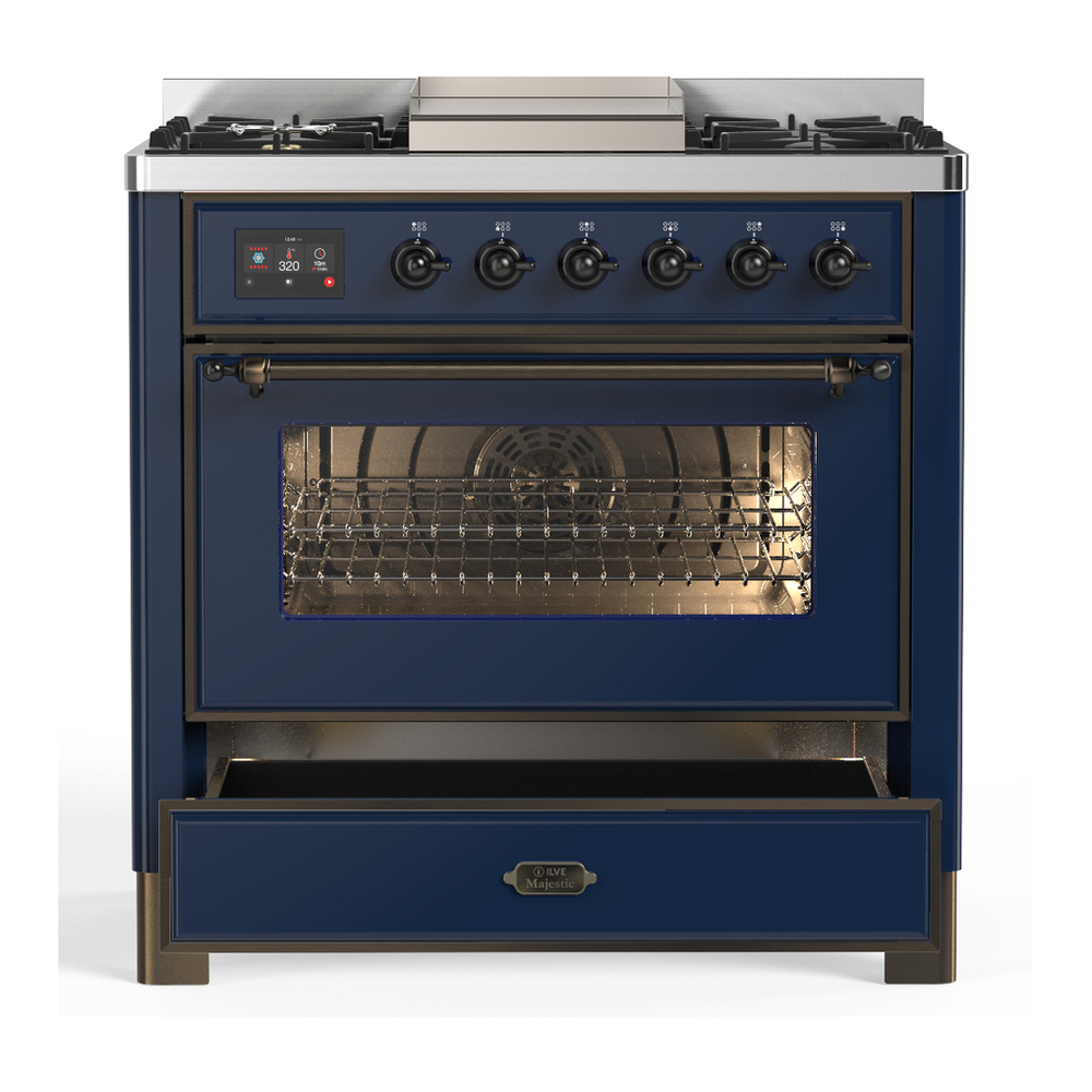 ILVE UM36FNR3MBB Majestic III 36 inch Dual Fuel Range with 6 Black Brass Burners and Griddle, Dual Function Burner up to 25,000 BTU (Triple Glass Door, Midnight Blue, Burnished, Natural Gas) 3 ILVE-UM36FNR3MBB-Drawer Open View